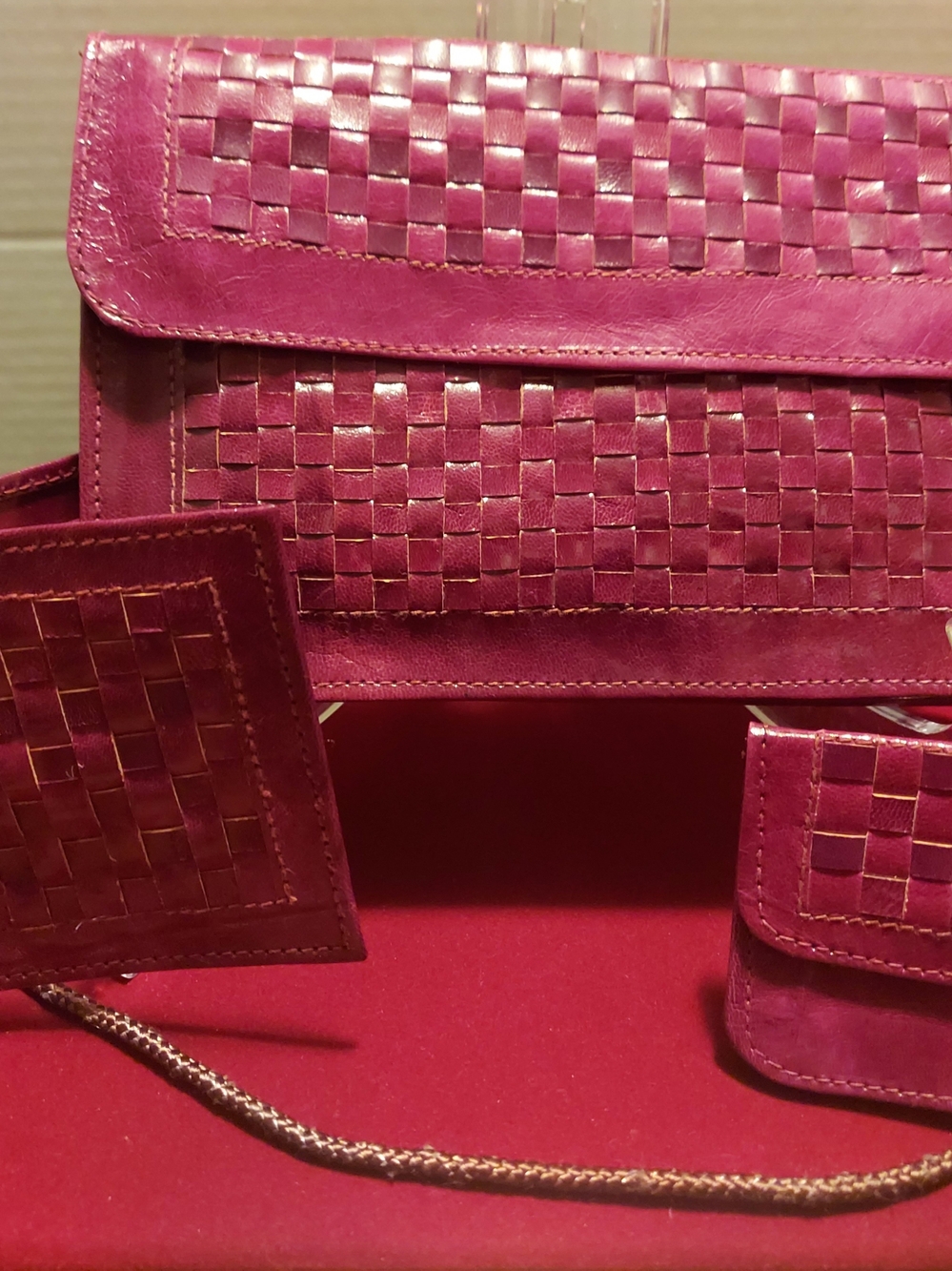 3-Piece VTG Woven Burgandy Genuine Leather Crossbody Bag, Billfold & Coin Purse